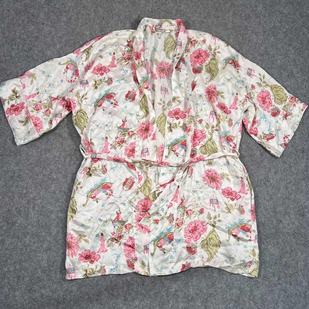 Treesha Vintage White Floral 100% Silk Short‎ Kimono Robe Women's One Size